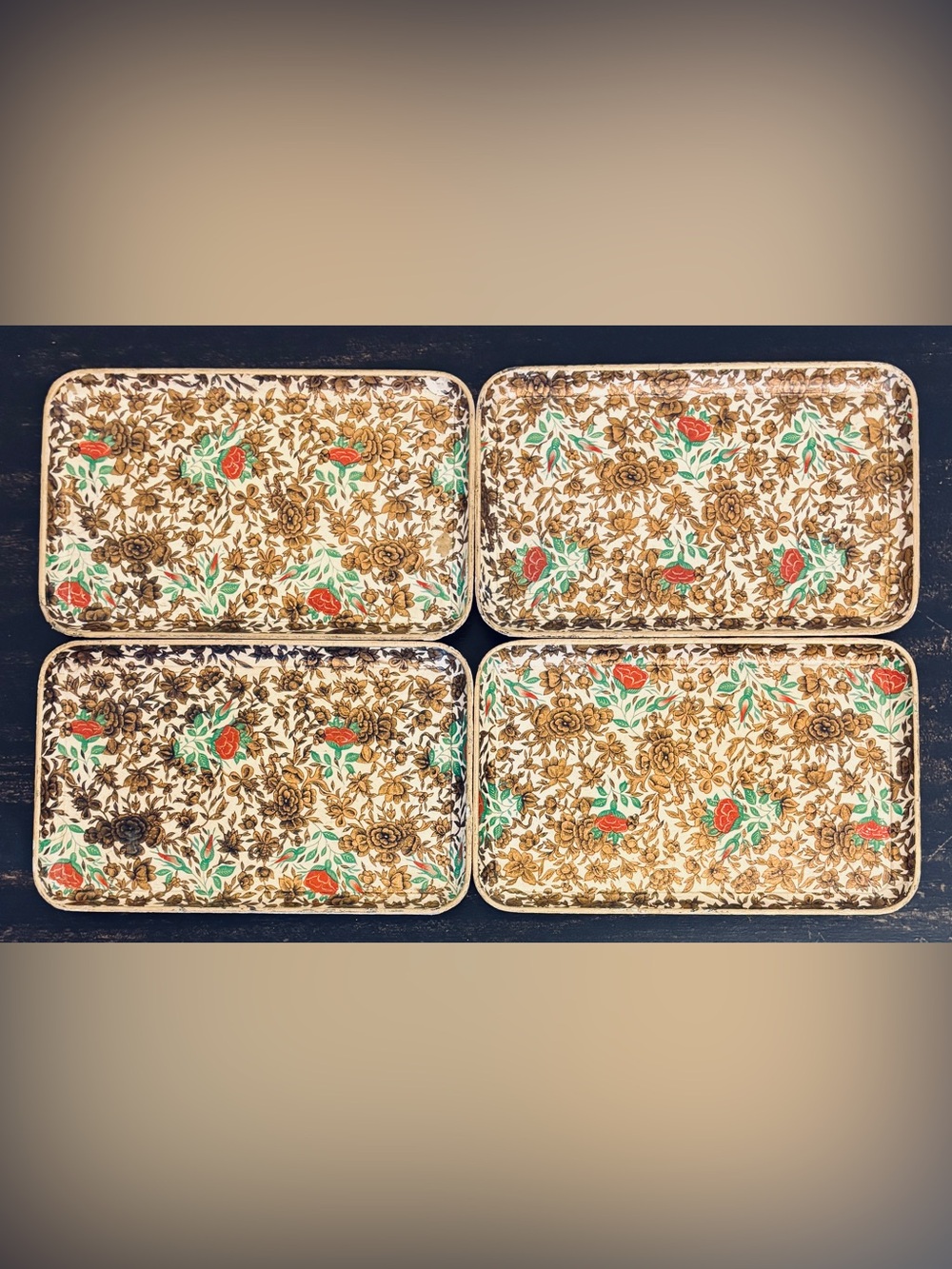 Vintage 1950’s Japan Cocktail Snack Trays Set Of 4 Floral Rose Paper Mache